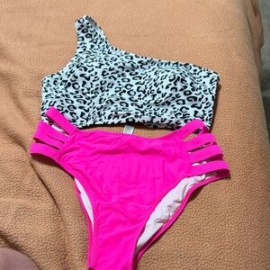 Leopard Print One-Shoulder Top with Neon Pink Strappy Bikini Bottom